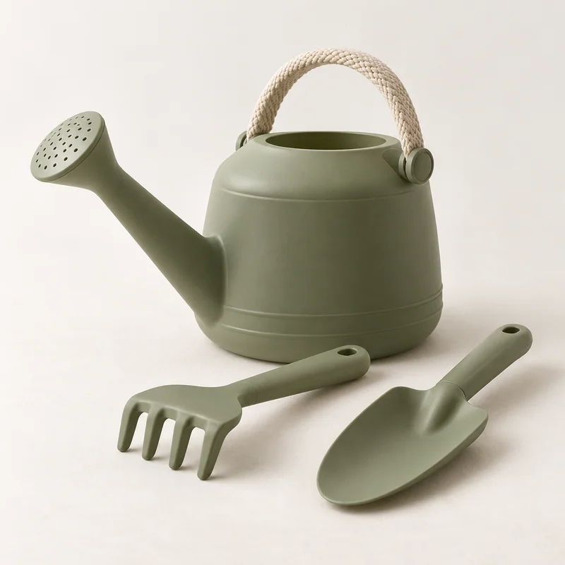 AI-generated unbranded gardening-tool concept; not the actual Green Toys Watering Can