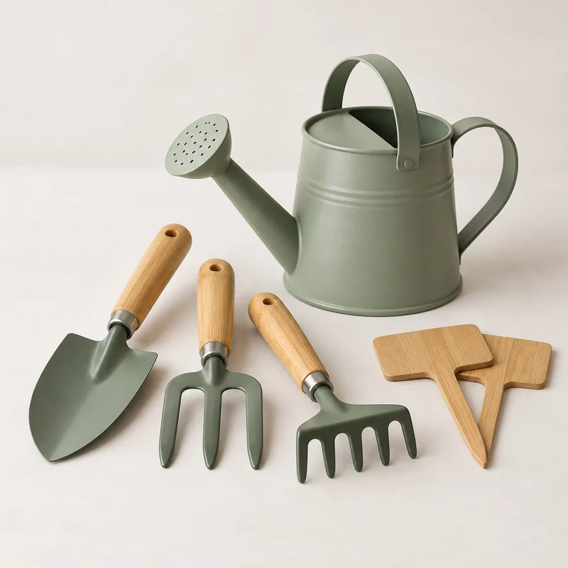 AI-generated unbranded gardening-tool concept; not the actual Hape Gardening Tool Set